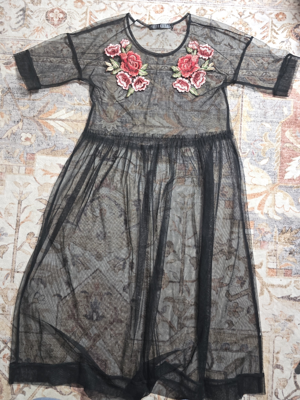 Floral Appliqué Black Mesh Dress